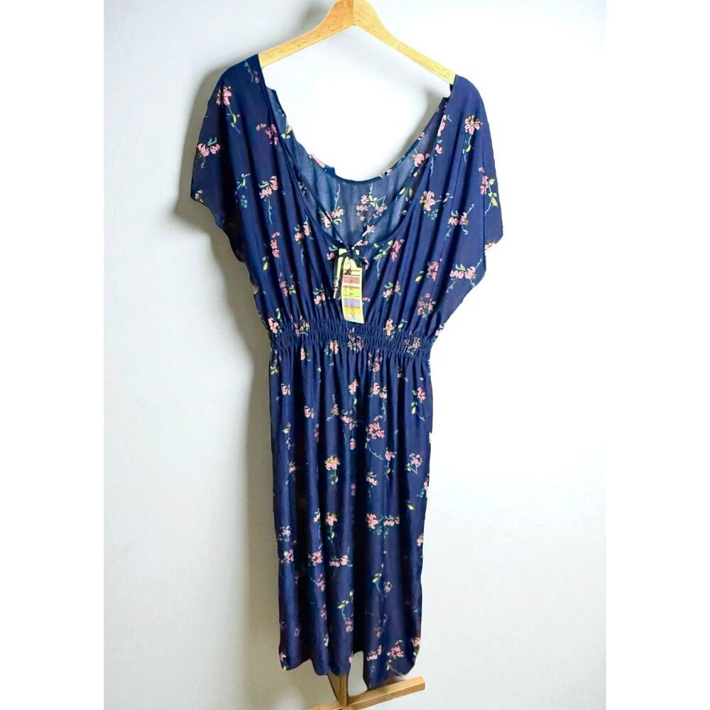 Young USA Navy Blue Floral Midi Dress Size L Elastic Waist Short Sleeve NWT